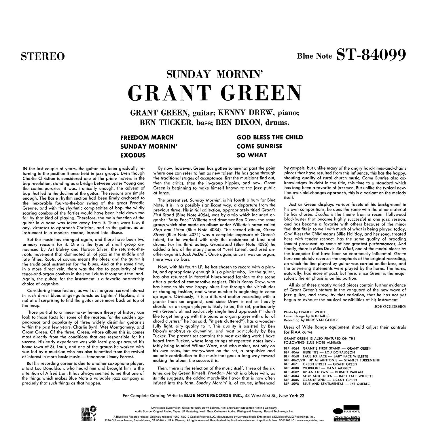 original blue not description for Grant Green's Sunday Mornin, with famous first track Freedom March 
